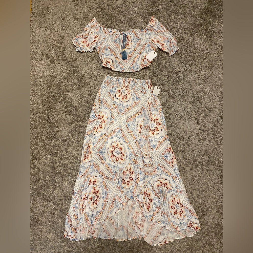 Two Piece Matching Set Boho Off the Shoulder Top and Skirt NWT